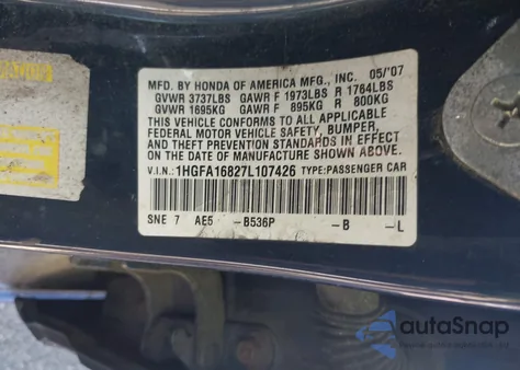 2007 Honda Civic Ex z USA, uszkodzony, nr VIN 1HGFA16827L107426